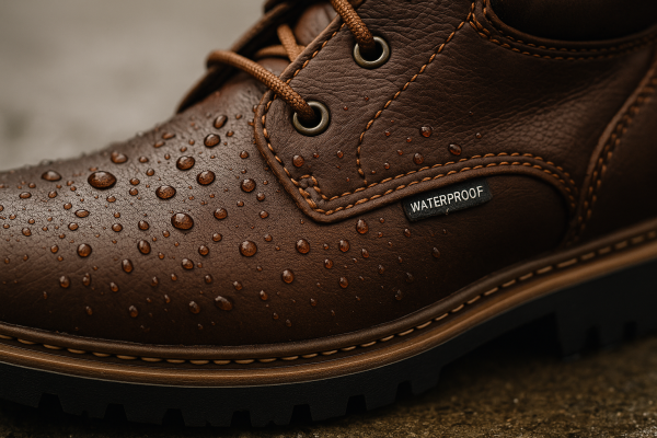 LG Shoes - How does Waterproof construction ensure quality in outdoor footwear? 2 Close-up of waterproof leather shoe with water droplets, showing sealed stitching and durable construction by LG Shoes.