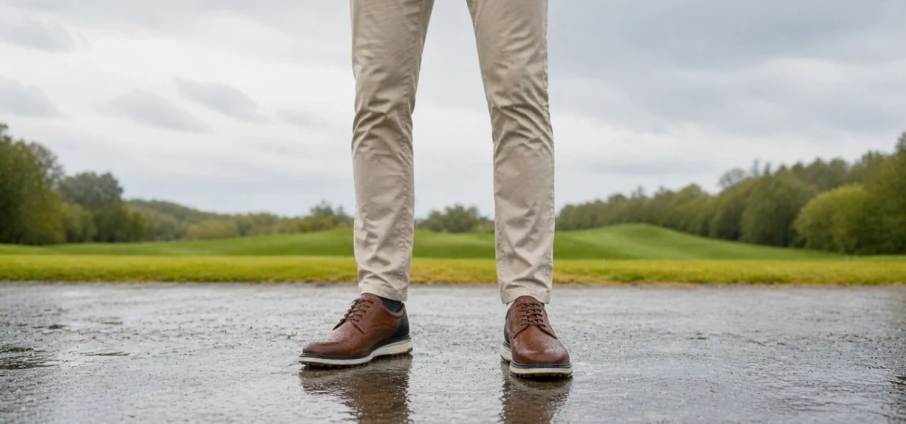 Leather shoes walking on a wet surface showing waterproof performance